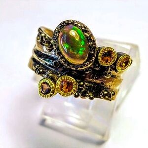 Natural Black Opal & Garnet Sterling Silver & 14kt Gold Ring